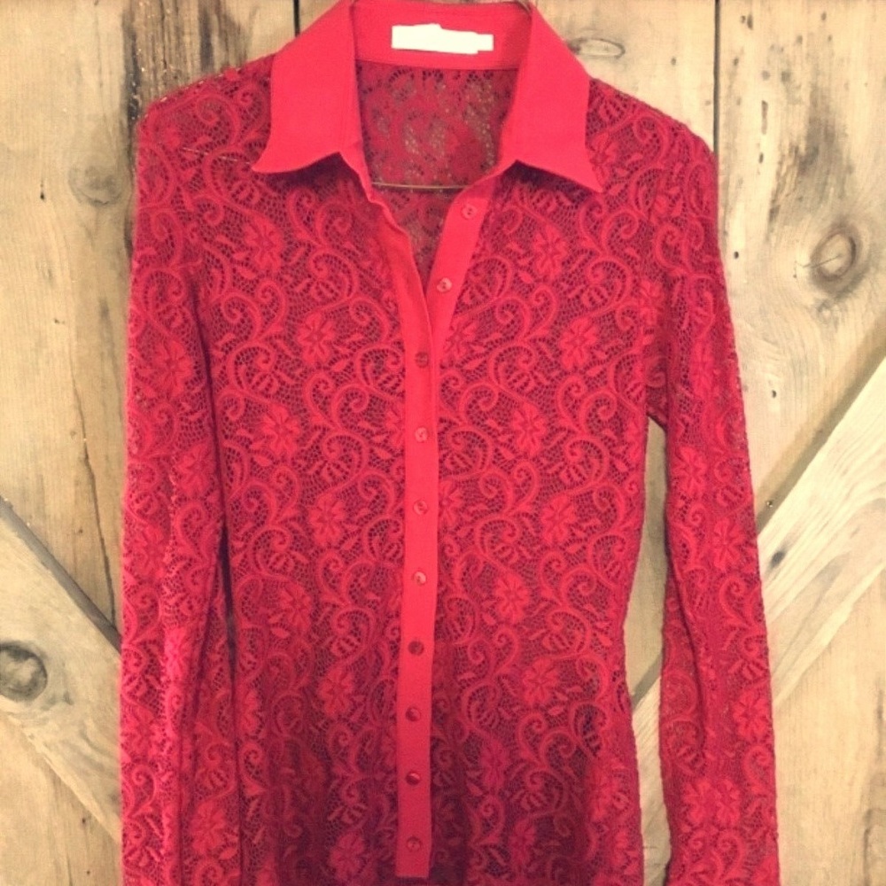 Womans Vintage Red Stretch Lace Blouse size 36